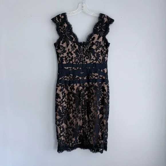 Tadashi Shoji Lace & Tulle Sheath Dress 6 Navy Nude Cocktail Party Wedding Guest - Picture 3 of 15